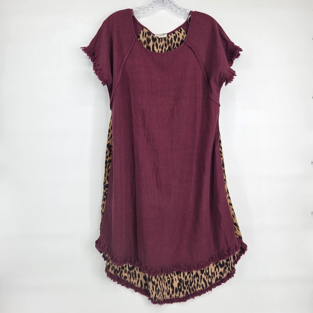 Umgee Tunic Dress S Burgundy Leopard Print Frayed Fringe Boho Western